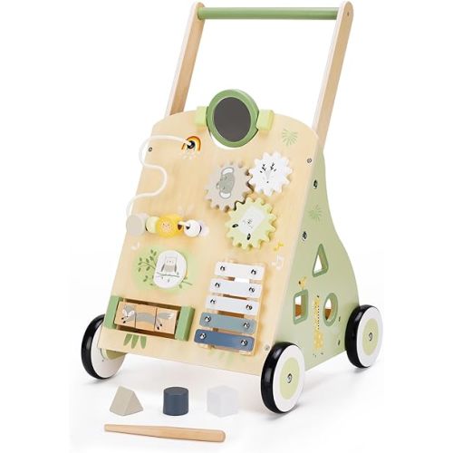 Wooden Baby Push Walker and Toddler Pull Learning Activity Toy - Develop Motor Skills & Creativity - Multiple Activities Center for 1-3 Years Old Boys and Girls