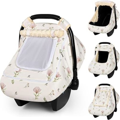 Car Seat Cover Baby, Summer Carseat Covers Baby Girl, Easy Access carseat Canopy Snug Fit Baby Stroller, Dual-Layer Protection, Cooling Mesh & Roll-Up Sun Shade, Floral