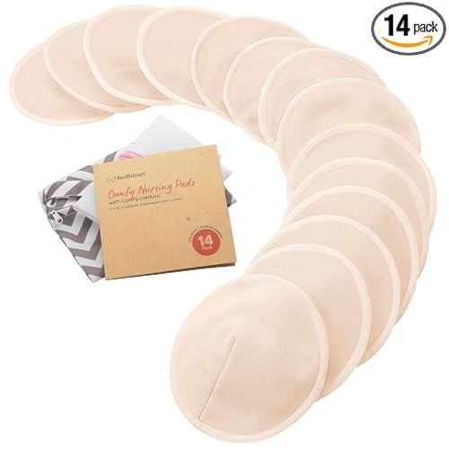 Organic Nursing Pads, 14 Washable Breast Pads,Wash Bag (Bare Beige, L 5")