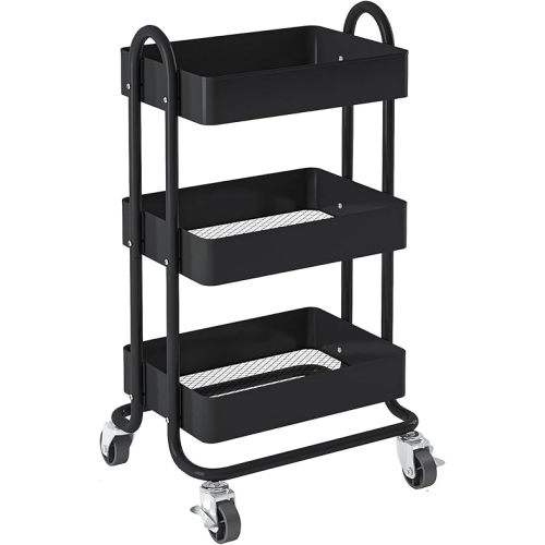 3-Tier Rolling Metal Storage Organizer,Mobile Utility Cart,Kitchen Storage Carts with Caster Wheels,Rolling Utility Cart Suitable for Office,Home,Kitchen,Garden（13.4"x18.1"x31"） Black