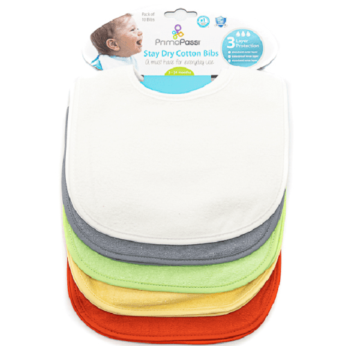 Primo Passi Stay Dry Cotton Baby Bibs, Waterproof 3-Layer, Velcro Closure, Neutral Colors, 10 Pack