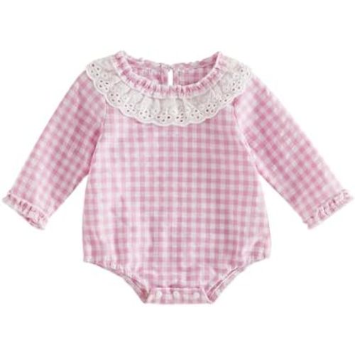 Baby Girl Gingham Outfit Eyelet Lace Trim Ruffle Collar Long Sleeve Bubble Romper Gingham Bodysuit Infant Fall Clothes