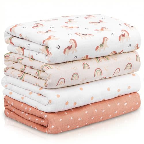 Muslin Swaddle Blankets for Newborn, 4 Pack Cotton Baby Blankets, Large 31.5 x 43.3 inch Breathable Soft Receiving Blanket, Essentials Swaddle Wrap Burping Clothes, Orange Rainbow Horse