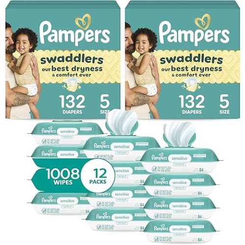 Pampers Swaddlers Disposable Baby Diapers Size 5, 2 Month Supply (2 x 132 Count) with Sensitive Water Based Baby Wipes 12X Multi Pack Pop-Top and Refill (1008 Count)