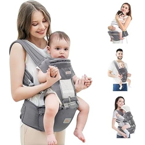 Baby Carrier with Hip Seat, 6 in 1 Baby Carrier Newborn to Toddler, Adjustable Infant Carrier with Hood, All Seasons & All Position Baby Holder Carrier for Breastfeeding