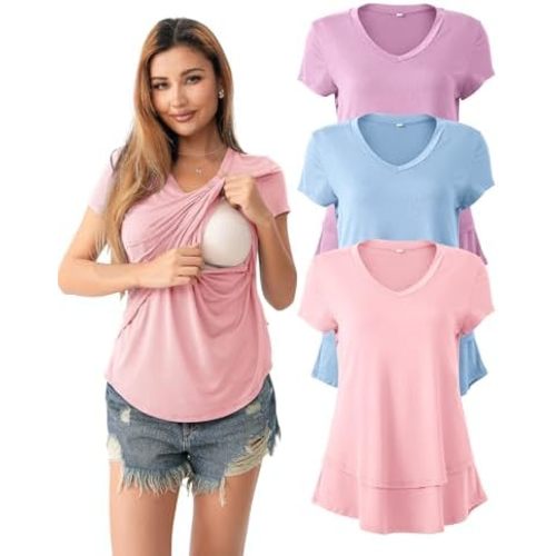 SUNNYBUY 3 Pack Hidden Nursing Tops for Breastfeeding Women Double Layer V Neck Maternity Shirts Postpartum Tee
