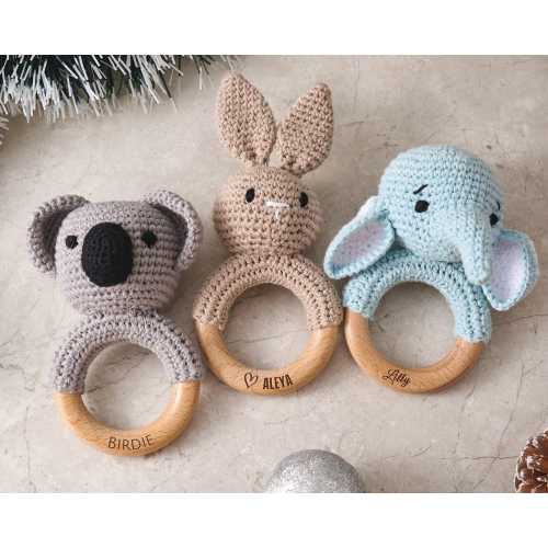 Personalized Crochet Baby Rattle, Custom Wooden Ring Toy, Engraved Name Baby Gift for Newborns, Baby Shower & Christmas, Eco-Friendly Design