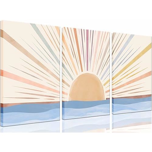 3Pcs Framed Boho Canvas Wall Art Sun Sunrise Yellow Line Pictures Prints Wall Decor Modern Mid Century Rainbow Posters Nature for Living Room Bedroom Bathroom Office Home Decoration16x24inx3