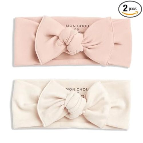 MON CHOU Baby Headbands - Set of 2 Organic Cotton Headbands for Baby Girls - Ultra Soft, 100% Pima Cotton Infant Hair Bows (Ivory & Bloom)