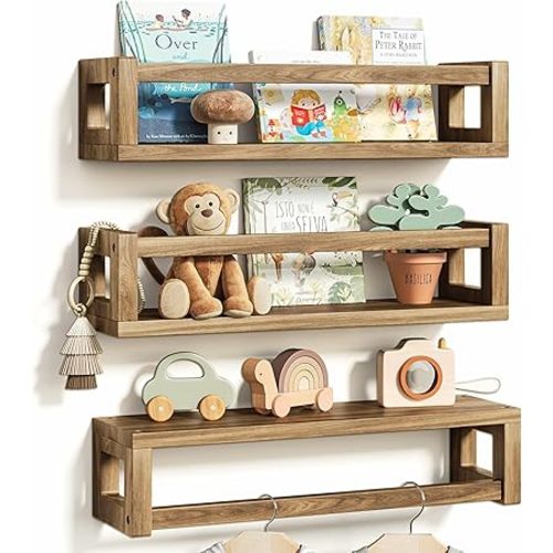 Sturdy Floating Shelves – Set of 3 Wall Bookshelves and Nursery Floating Shelves for Books, Toys, Kitchen, Bathroom, and Home Decor – Walnut Brown