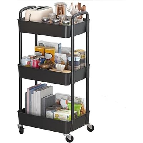 Amazon.com: Sywhitta 3-Tier Plastic Rolling Utility Cart with Handle, Multi-Functional Storage Trolley for Office, Living Room, Kitchen, Movable Storage Organizer with Wheels, Black : Office Products