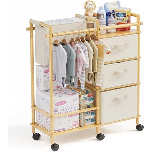 Bamboo Baby Diaper Caddy Organizer Cart – 3 Tier Rolling Cart with Dividers & Removable Drawers - Bedside Diaper Cart for Baby Supplies Storage, Nursery, Bedroom, Changing Table & Crib