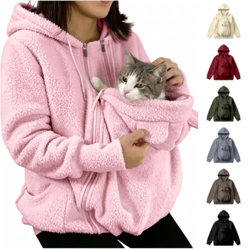 Cat Hoodie With Pouch Pet Carrier Sweatshirt Kangaroo Pouch Hoodies Pink | Pet Pouch Hoodie, Sweatshirt with Dog Pouch, Long Sleeve, Hooded, Fleece, Fuzzy, Soft, Fall & Winter