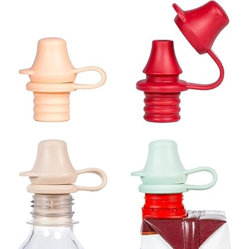 KiddiKap Original Bottle Topper, Silicone Sippy Spout, 4 Pack, Pastel | 98% Spill Proof, Fits 28mm Standard Bottles, Dishwasher Safe, Ages 12 Months+