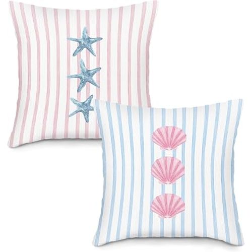 Preppy Starfish Seashell Throw Pillow Covers Set of 2, Pink and Blue Striped Pillow Case Cover for Girls Room, Coastal Square Pillowcase, Beachy Coquette Cushion Cover Case for Couch,18x18