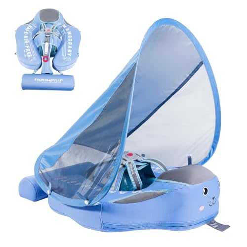 Mambobaby Baby Pool Float with Removable Sun Canopy - Non Inflatable Infant Swim Float with Anti-Flip Tail Design, Waterproof & Skin-Friendly Baby Float for Swimming (3-24 Months)