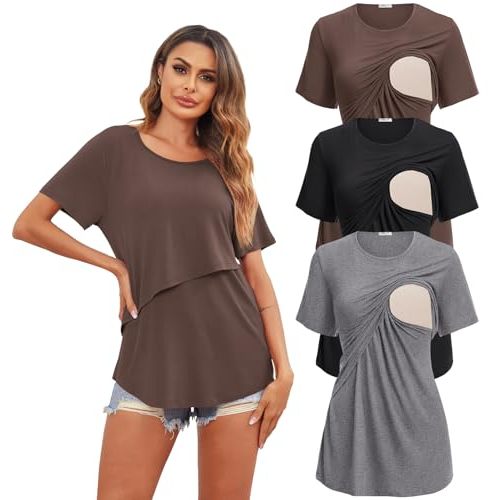 3 Pack Women Nursing Tops Short Sleeve Breastfeeding Shirts Maternity Tees | Lightweight Pregnancy T-Shirts, Double Layer Nursing Design, Best Gift for Mom, Classic Round Neck Blouse, Mom Outfit Wear