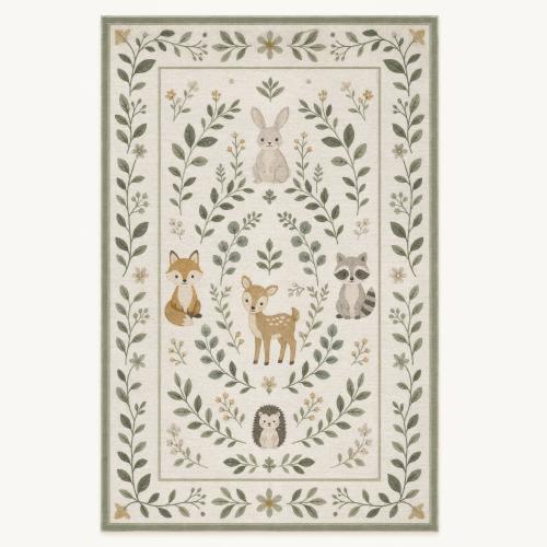 Watercolor Woodland Nursery Rug, Washable Fox and Deer Rug in Cream and Sage