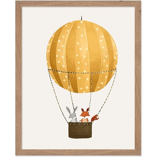 Poster Master Nursery Poster - Animals on Hot Air Balloon Print - Whimsical Fox Art - Bunny Art - Fun Playroom Art - Boho Kid's Room Decor - 8x10 Beige Framed