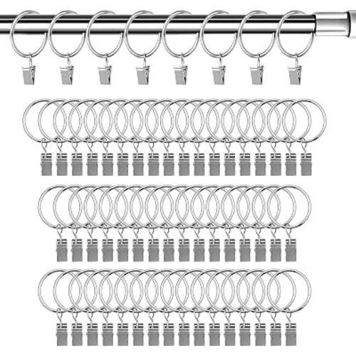 50 Pcs Curtain Hooks, 1.5 inch Solid Curtain Clips with Rings, Silver