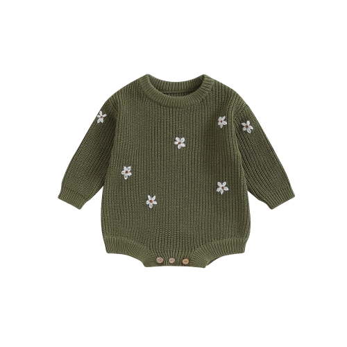 Canrulo Newborn Baby Girls Autumn Winter Sweater Romper Long Sleeve Flower Embroidery Knit Jumpsuit Green 0-3 Months
