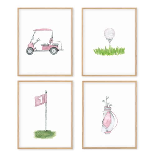 Boat Wades Pink Golf Nursery Decor Unframed Wall Art Prints,Golf Flag Posters & Prints For Home Boys Girls Room Decor,Pink Sports Nursery Posters Pictures 8x10 Set Of 4