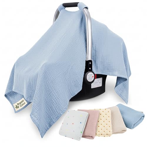 100% Organic Cotton Baby Car Seat Cover Unisex All Season 35x50 in | Oeko-TEX Certified, Car Seat Cover, Car Seat Cover Baby Girl, Waterproof Car Baby Seat Cover, Blue, Unisex Design, Blocks sun