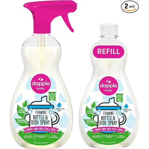 Dapple Baby Bottle & Dish Foaming Power Spray, Hypoallergenic Dish Soap for Baby Bottles, Powered by Plants, Fragrance Free, 16.9 Fl Oz (Pack of 2)