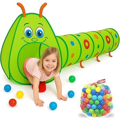 Kiddey Caterpillar Pop-Up Tunnel with 100 Balls, Multicolor Polyester, Indoor Outdoor Play Structure, 72x18x24 Inches, Baby Activity Set for Crawling