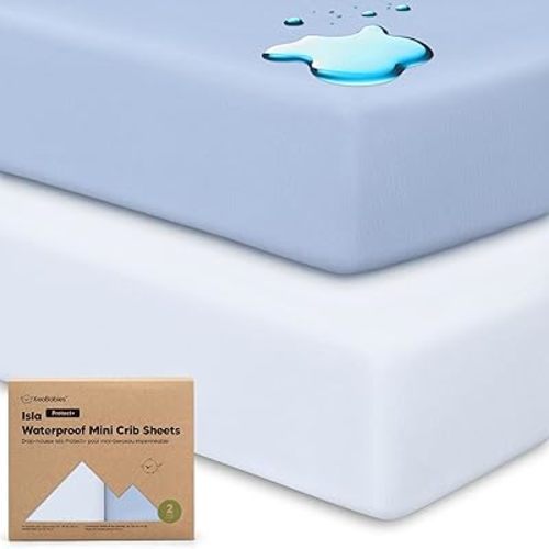 2-Pack Waterproof Pack and Play Sheets, Mini Crib Sheets Fitted for Boy, Girl - 38 x 26 Viscose from Bamboo Pack N Play Mattress Sheets for Graco, Toddler Playard Baby Crib Sheets Neutral (Blue Flax)