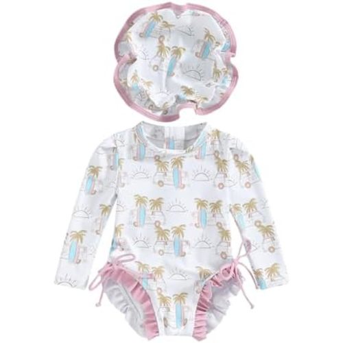 Engofs Toddler Baby Girl One Piece Swimsuit Long Sleeve Rash Guard Swimwear Summer Bathing Suit