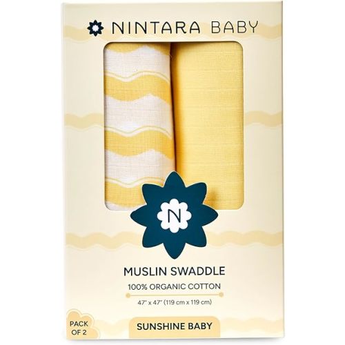 NINTARABABY Swaddles for Newborns - 100% Organic Premium Muslin Cotton, 47" x 47", Ultra-Soft, Breathable, Lightweight, Multipurpose, Gifts for 0-3 Months, Pack of 2