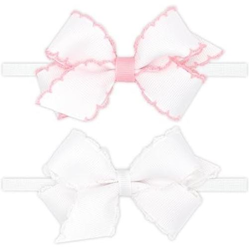 Wee Ones Girls' GIFT PACK Two Mini Moonstitch Grosgrain Bows on Skinny Nylon Band, Mini, Light Pink and White