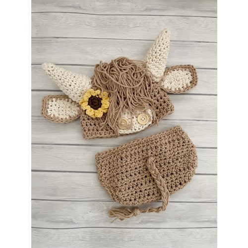 Highland cow hat and diaper cover, newborn photo prop, crochet baby hat, farm nursery or baby shower gift