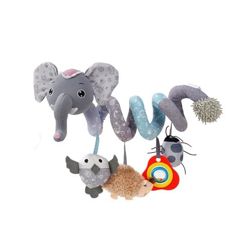 Jollybaby Crib Stroller Car Seat Toys for Baby 0-3-6-9-12 Months, Tummy Time Hanging Sensory Toys for Newborn with Music Box and Teether, Spiral Carseat Toy for Boys Girls Gifts (09-Sz Gray Elephant)