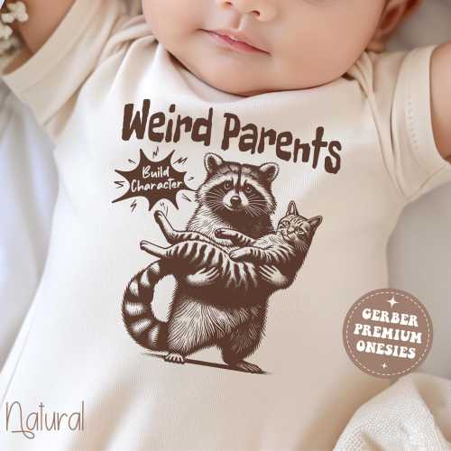 Funny Baby Gift Funny Onesie® Retro Weird Parents Build Character New Parent Gift Cat Baby Clothes Raccoon Baby Shower Gift New Mom Dad Gift