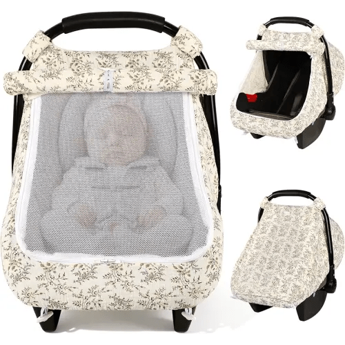 Pea Pod Car Seat Covers for Babies, Muslin Cotton Baby Car Seat Cover with Breathable Zippable Mesh Window, Universal Infant Carseat Cover, Baby Summer Travel Essentials for Boys, Girls (Boho Leaf)