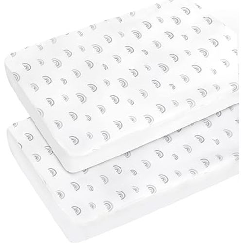 Pack and Play Sheets Boy Girl, 2 Pack Mini Crib Sheets, Gray Rainbow