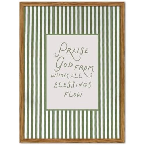 Framed Christian Wall Art, Praise God From Whom All Blessings Flow Scripture Pictures Wall Decor, Sage Green Striped Bible Verse Paintings Canvas Prints Religious Home Decor for Living Room 12x16 inch