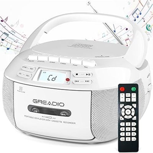 Greadio CD Player Boombox Cassette Player Combo with Bluetooth,AM/FM Radio,Stereo Sound with Remote Control,AUX/USB Drive,Tape Recording,AC/DC Powered,Headphone Jack,LCD Display for Home,Kids,Gift