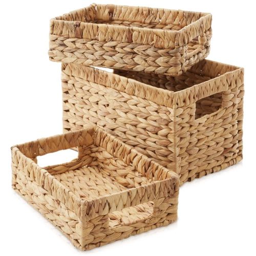 Casafield Water Hyacinth Storage Basket Set With Handles - 1-jumbo, 1-large Woven Organizers For Bathroom, Laundry, Pantry, Office, Shelves