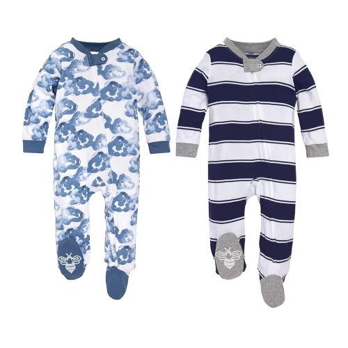 Burt's Bees Baby Pajama Bundle Baby Essentials – 2-Pack Organic Cotton Loose Fit Sleep and Play One-Piece Zip Front Footed Pajamas, Moonlight Clouds + Navy Rugby Stripe, 6-9 Months