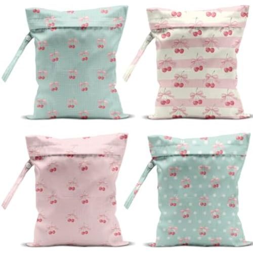 4 Pack Cute Stripe Bow Cherry Wet Bag Waterproof Washable Reusable Wet Dry Bag for Swimsuit Dirty Clothes Soiled Items Cloth Diaper Travel Beach Pool Yoga Gym Toiletries Travel Essentials
