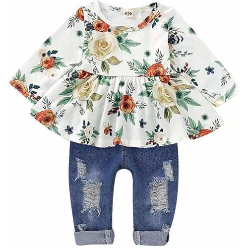 CARETOO Girls Clothes Outfits, Cute Baby Girl Floral Long Sleeve Pant Set Flower Ruffle Top
