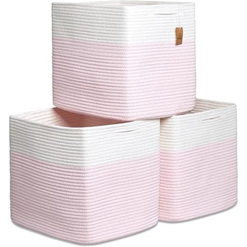 NaturalCozy 13x15x13 Kallax Storage Cubes, 3 Pack | Cotton Rope Cube Storage Bins Woven Baskets for Organizing | Kallax Insert Baskets for Shelves Organizer, Kids Toy, Pantry, Closet, Baby Nursery