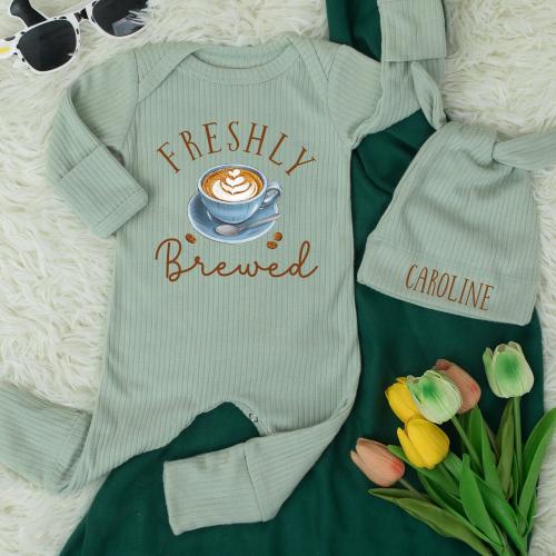 Personalized Freshly Brewed Baby Bodysuit, Funny Coffee Themed Baby Outfit, Pregnancy Announcement Jumpsuit, Newborn Baby Shower Gift