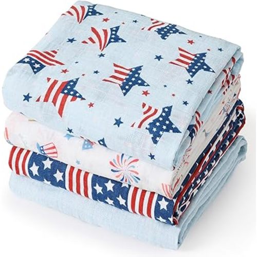 david's kids 4 Pack Baby Muslin Swaddle Blankets, 100% Cotton and Ultra Soft Breathable Receiving Blanket Wrap for Boys Girls, Large 47 x 47 inches, New Born Essentials, Flag