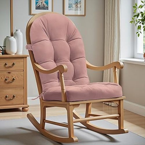Rocking Chair Cushion - Velvet Fabric, High-Density Sponge, Durable Comfort Non-Slip Bottom Tufted Seat Pads with Ties, Velvet︱Dirty Pink, 44x19x4 inch