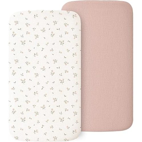 2 Pack Muslin Fitted Bassinet Sheets for Babies, Soft & Breathable 100% Cotton Bedside Sleeper Bassinet Sheet, Moses Basket Oval Rectangle Pad/Mattress (Pink Blossom)