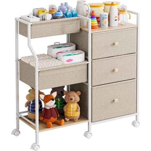Baby Organizer and Storage - 3 Tier Rolling Cart with Dividers and Drawers, Easy To Assemble, Mobile Utility Cart with Wheels for Nursery, Bedroom, Changing Table & Crib,Off White